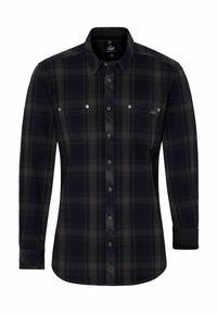 Schwarzes und dunkles karriertes Flanellhemd mit langen Ärmeln, Knopfleiste, zwei Brusttaschen und abgerundetem Saum. Der Stoff wirkt weich und strukturiert.