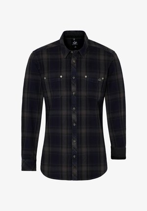 Zwarte en donker geruite flanellen shirt met lange mouwen, knoopsluiting aan de voorkant, twee borstzakken en een gebogen zoom. De stof lijkt zacht en gestructureerd.
