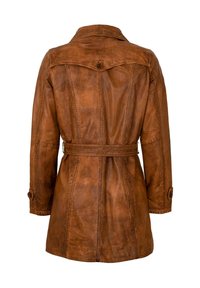 Brauner Leder-Trenchcoat mit einem taillierten Gürtel, geknöpften Manschetten und detaillierter Nahtverarbeitung. Verfügt über einen klassischen Kragen und ein Rückeneinsatz-Design.