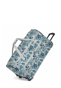 Rollen-Dufflebag mit einem blau-weißen tropischen Blättermuster, aus Stoffmaterial, mit Reißverschlusstaschen und doppelten Tragegriffen.