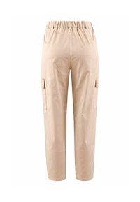 Beige cargobroeken met een elastische tailleband, twee zijzakken en een cropped lengte, gemaakt van een lichte, gladde stof.
