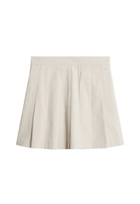 Gonna plissettata beige chiaro con vita piatta, realizzata in un tessuto liscio. L'orlo è dritto senza motivi o decorazioni visibili.
