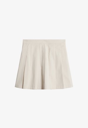 Lys beige plisseret nederdel med flad talje, lavet af et glat stof. Kantlinjen er lige uden synlige mønstre eller dekorationer.