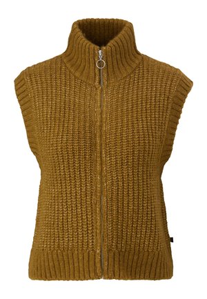 Mosterdgele gebreide vest met een hoge kraag, korte mouwen en een volle voorknop. Getextureerd patroon met geribde zoomdetails.