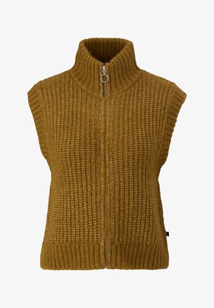 Mosterdgele gebreide vest met een hoge kraag, korte mouwen en een volle voorknop. Getextureerd patroon met geribde zoomdetails.