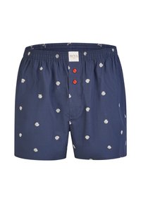 Boxer blu navy con motivi a conchiglia bianchi, vita elastica e tre bottoni rossi sulla parte anteriore. Tessuto morbido e vestibilità rilassata.