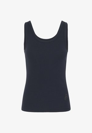 Tamno mornarsko plavi rebrasti top bez rukava s izrezom u obliku žlice i malim ušivenim logotipom blizu donjeg ruba s desne strane.