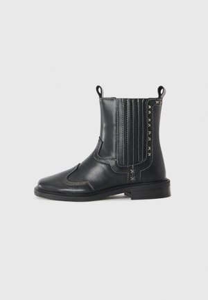 Black leather ankle boots with elastic side panels, stitched detailing, and pull tabs. Square toe and low block heel design.