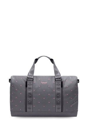 Graue Reisetasche aus strapazierfähigem Material, mit rosa Punkten, zwei oberen Griffen und Reißverschluss sowie deutlich sichtbar angebrachtem Markenlogo.