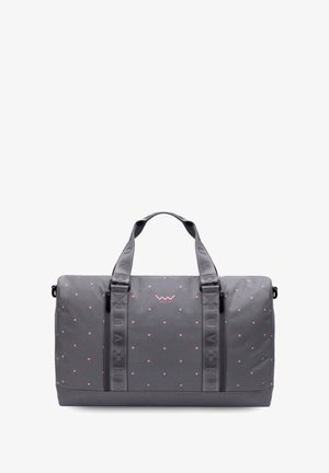 Graue Reisetasche aus strapazierfähigem Material, mit rosa Punkten, zwei oberen Griffen und Reißverschluss sowie deutlich sichtbar angebrachtem Markenlogo.