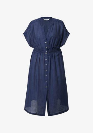 Vestido azul marino de botones, hecho de tejido ligero; cuenta con mangas cortas, cintura elástica y una silueta relajada.