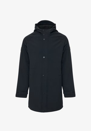 Zwarte waterdichte jas met een capuchon, drukknoopsluiting, zijzakken en verstelbare manchetten. Gaat glad aan en heeft een relaxte pasvorm.
