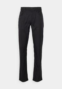 Schwarze Hose mit gerader Passform, aus glattem Stoff gefertigt. Verfügt über Fronttaschen und einen einzigen Knopfverschluss. Minimalistisches Design.
