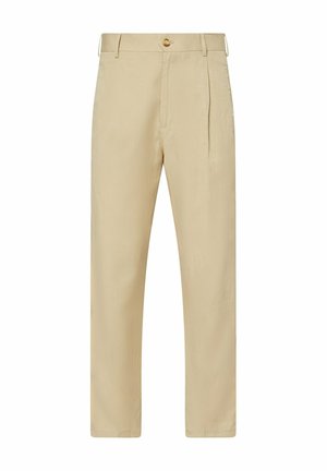 Beige herre skræddersyede bukser med bæltestropper, frontknaplukning, sidelommer og en enkelt fold på højre ben.