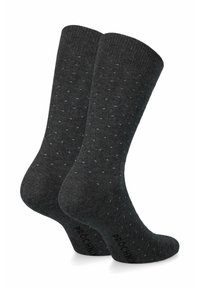 Ciemnoszare skarpetki z drobnym wzorem w jasnoniebieskie kropki, z prążkowanym ściągaczem i gładką fakturą. Widoczne oznakowanie na podeszwie.