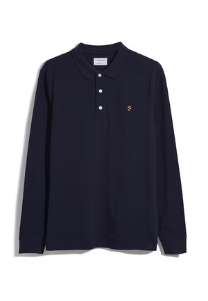 Marineblauwe polo t-shirt met lange mouwen, gemaakt van katoen, met een klassieke kraag, een drieknoopssluitingen en een klein gouden geborduurd logo op de borst.