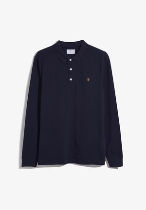 Navy long-sleeve polo shirt made of cotton, featuring a classic collar, three-button placket, and a small gold embroidered logo on the chest.