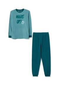 Conjunto de pijama en color teal, que incluye una camiseta de manga larga con el estampado "¡DESPIERTA!" y pantalones con cintura elástica a juego, ambos hechos de una tela suave.