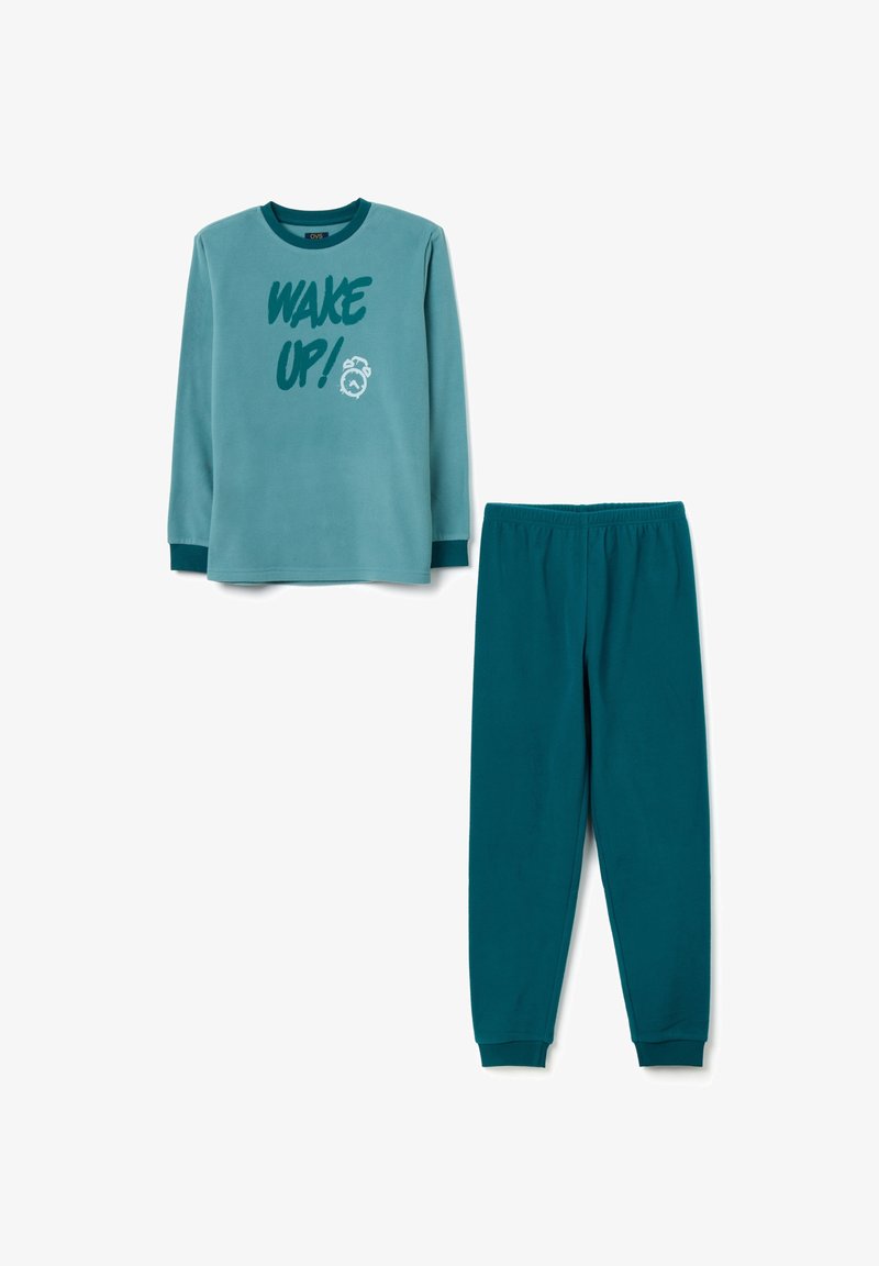 Conjunto de pijama en color teal, que incluye una camiseta de manga larga con el estampado "¡DESPIERTA!" y pantalones con cintura elástica a juego, ambos hechos de una tela suave.