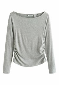 Graues Langarmshirt aus weichem Material mit entspanntem Ausschnitt und gerafftem Detail an der Seite für zusätzliche Textur und Form.