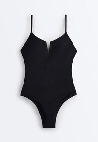 Costum de baie negru întreg, cu bretele subțiri pe umeri și o decupare în formă de V în zona decolteului frontal, prezentat pe un fundal alb.