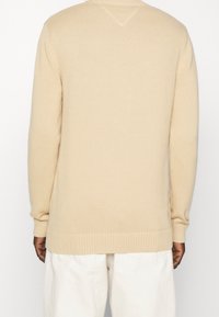 Pull beige en maille avec un ourlet et des poignets côtelés ; présente un détail de couture en forme de V à l'arrière. Texture lisse et coupe décontractée.