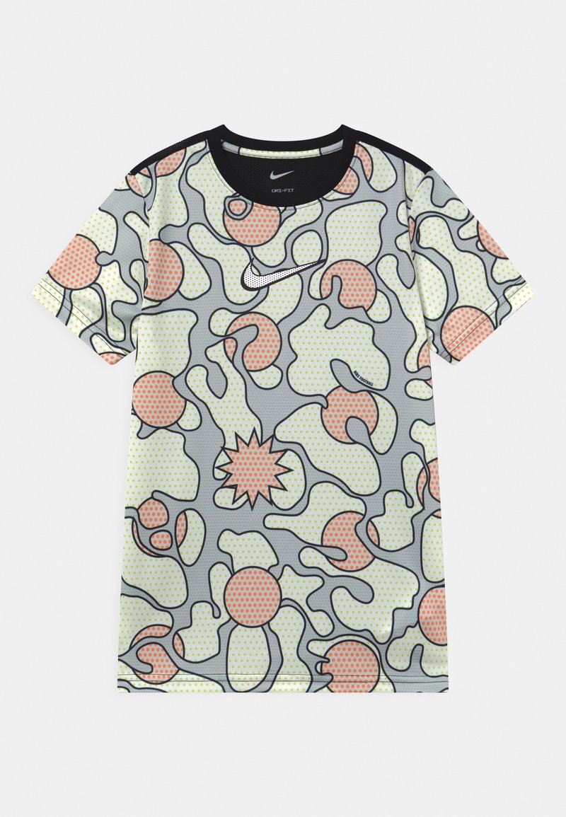 Short-sleeve Nike Dri-FIT shirt with gray, light green, and coral abstract spotted pattern and black collar.