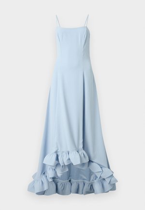 Light blue sleeveless maxi dress with thin straps and ruffled hem detail on a plain background.