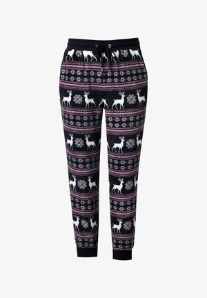 Mustat yöpöksyt, joissa on jännittävä valkoinen poro- ja lumihiutalekuvio, vaaleanpunaisia ja valkoisia vaakaraitoja sekä joustava vyötärö.