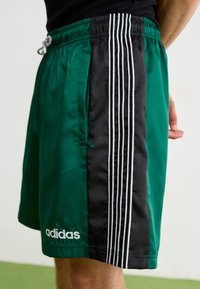 Zelené a černé sportovní kraťasy s elastickým pasem, bílý design se třemi pruhy po straně a malou zipovou kapsou.