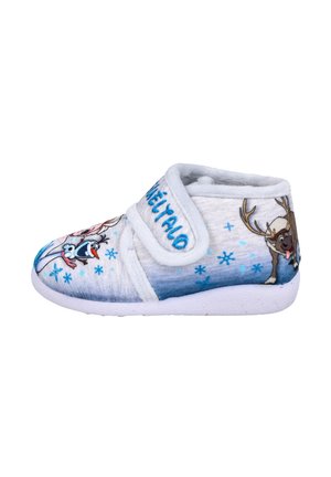 Zapatillas para niños con parte superior de tela blanca con un degradado en azul y gris, adornadas con personajes de dibujos animados y patrones de copos de nieve.