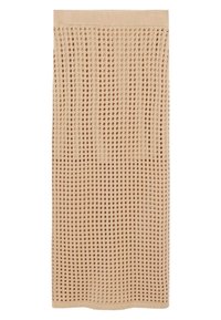 Jupe tricotée beige avec un motif en mesh de trous régulièrement espacés et une ceinture côtelée solide ainsi qu'un ourlet.