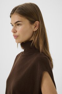 Brown knitted turtleneck top with short sleeves. Soft texture, relaxed fit, featuring a ribbed collar and seamless design. Plain, solid color.