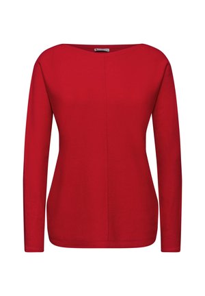 Rød langærmet bluse med bred udskæring, lavet af blødt stof. Har en central søm, tætsiddende design og en lige kant.