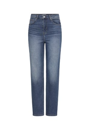 Blugi din denim albastru cu talie înaltă și croială dreaptă a piciorului, cu uzură subtilă, cinci buzunare și elemente metalice pentru închidere.