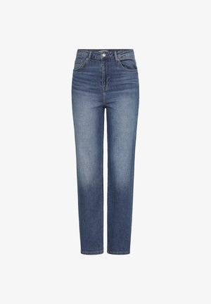 Kõrge vöökohaga sinised teksapüksid sirge säärega, millel on peen looritus, viis taskut ja metallist kinnitused.