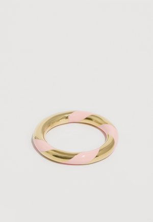 Gold circular bangle with a smooth, twisted design featuring alternating glossy pink enamel and polished gold sections.