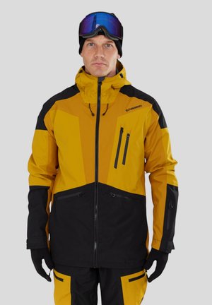 Men's ski jacket in yellow and black with a zip closure, multiple pockets, a hood, and a sleek, water-resistant design. Features gloves.