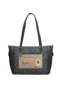 Sac fourre-tout matelassé gris et noir avec deux longues poignées, une poche avant ornée d'un texte décoratif et d'un graphique de hibou, détail de fermeture éclair.