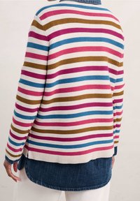 Striped sweater featuring alternating colors of pink, blue, and brown on a white base; knit texture and drop shoulder design.