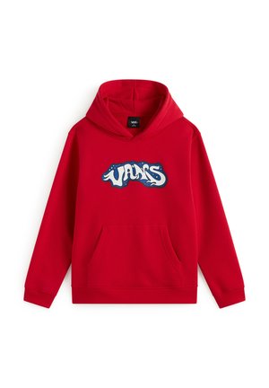 Sudadera roja con capucha, bolsillo canguro y un logo de Vans en blanco y azul estilo graffiti en la parte delantera.