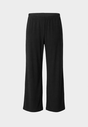 Black wide-leg pants with elastic waistband, smooth fabric, and straight hem, shown flat on neutral background.