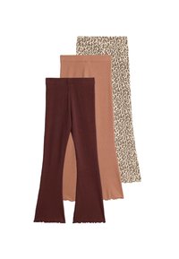 Tři páry legín se zvonovým střih: tmavě hnědé, světlé béžové a leopardí vzor v béžové a hnědé. Měkká tkanina, žebrovaná textura na hnědém páru.