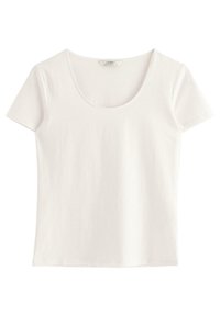 Hvid t-shirt med korte ærmer og rund halsudskæring, lavet af glat bomuldsstof, med et enkelt, tætsiddende design. Ingen mønstre eller detaljer.