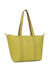 Gele neplederen tote bag met bruine stoffen hengsels, voorzien van verticale stikdetails en een logo label aan de voorkant.