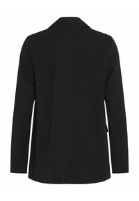 Blazer nero con design a un petto, rever adorni, maniche lunghe e vestibilità sartoriale con una texture morbida.
