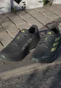 Czarne buty do biegania z materiałem Gore-Tex, teksturowaną cholewką, szarymi sznurówkami i zielonymi akcentami. Posiadają trzy paski oraz amortyzowaną podeszwę.