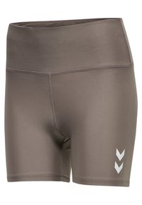 High-waisted, brown athletic shorts made of smooth fabric, featuring a side accent with three white chevrons. Flat seams and a fitted design.
