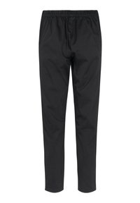 Zwarte broek met elastische tailleband, losvallend en met een taps toelopend ontwerp, gemaakt van een gladde stof zonder zichtbare zakken of versieringen.