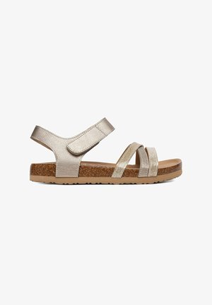 Damen Metallic Gold offene Sandale mit Korksohle, verstellbarem Knöchelriemen und zwei Vorderriemen über den Zehen.